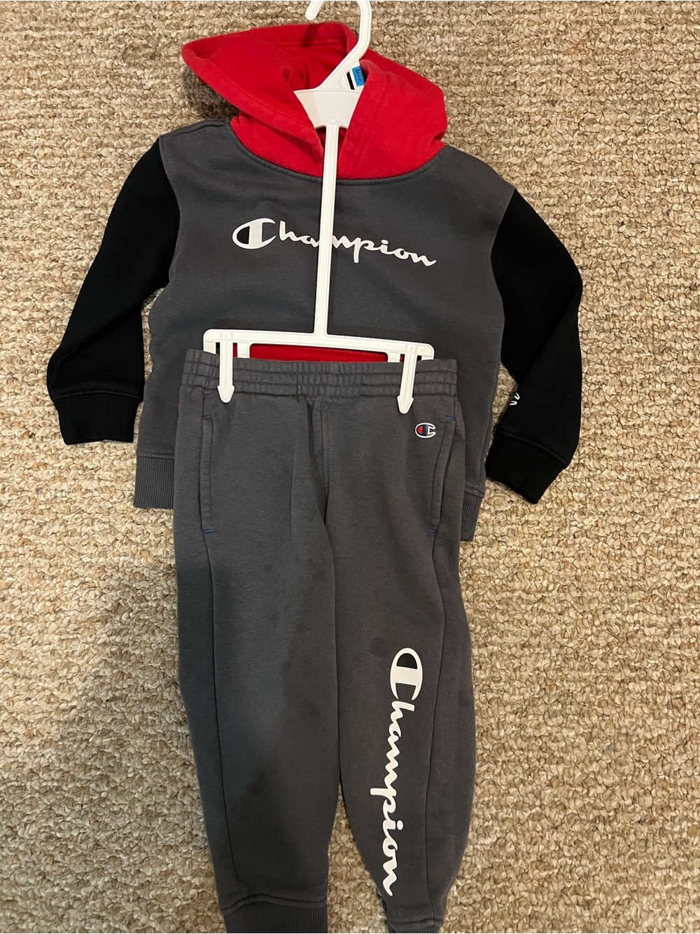 Champion Kids Gray Jogger Set with Red Hood and Black Sleeves